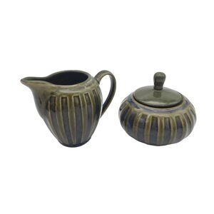 Unique Vintage MCM Avacado  Blue Striped Sugar And Creamer Set Good‎ Condition